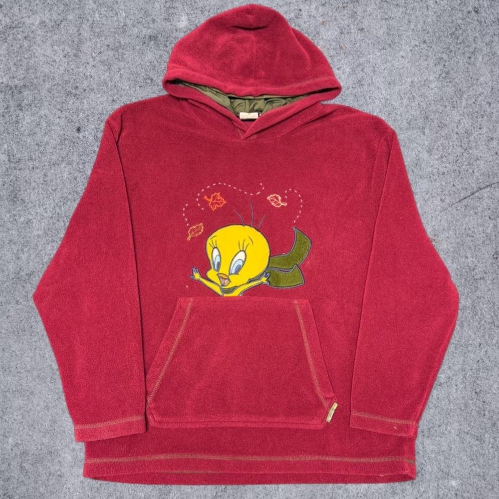 Vintage 90s Looney Tunes Tweety Bird Fleece Hoodie Maroon Women's Medium